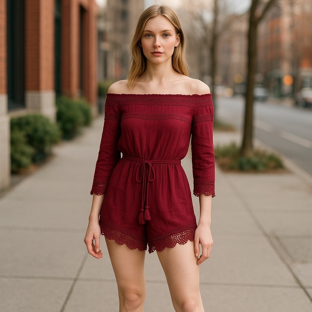 American Rag Burgandy Boho Romper Shorts
New